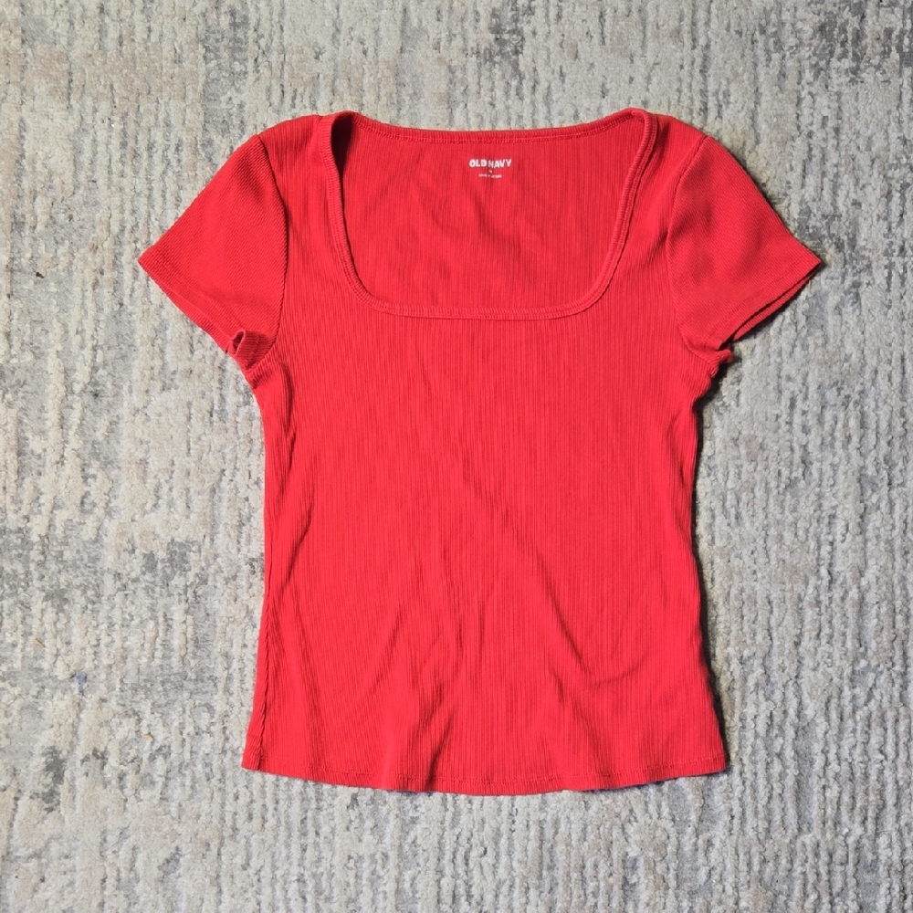 Old Navy Women's Ribbed Short Sleeve Top Square Neckline Casual Everyday Basic